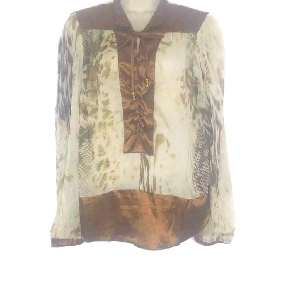 Satin Chiffon Animal Print Lace Up Blouse